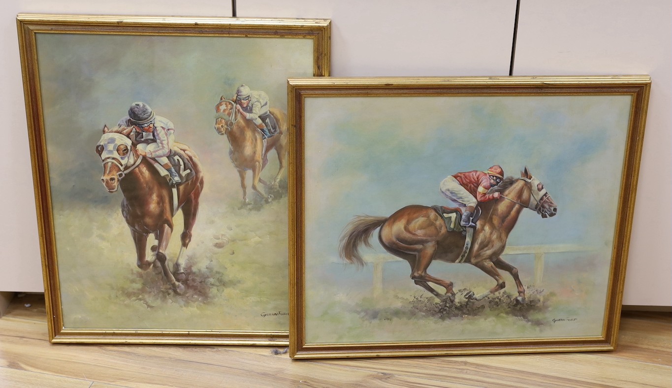 Glenn Ford, two oils on board, Horse racing scenes, signed, 59 x 49cm